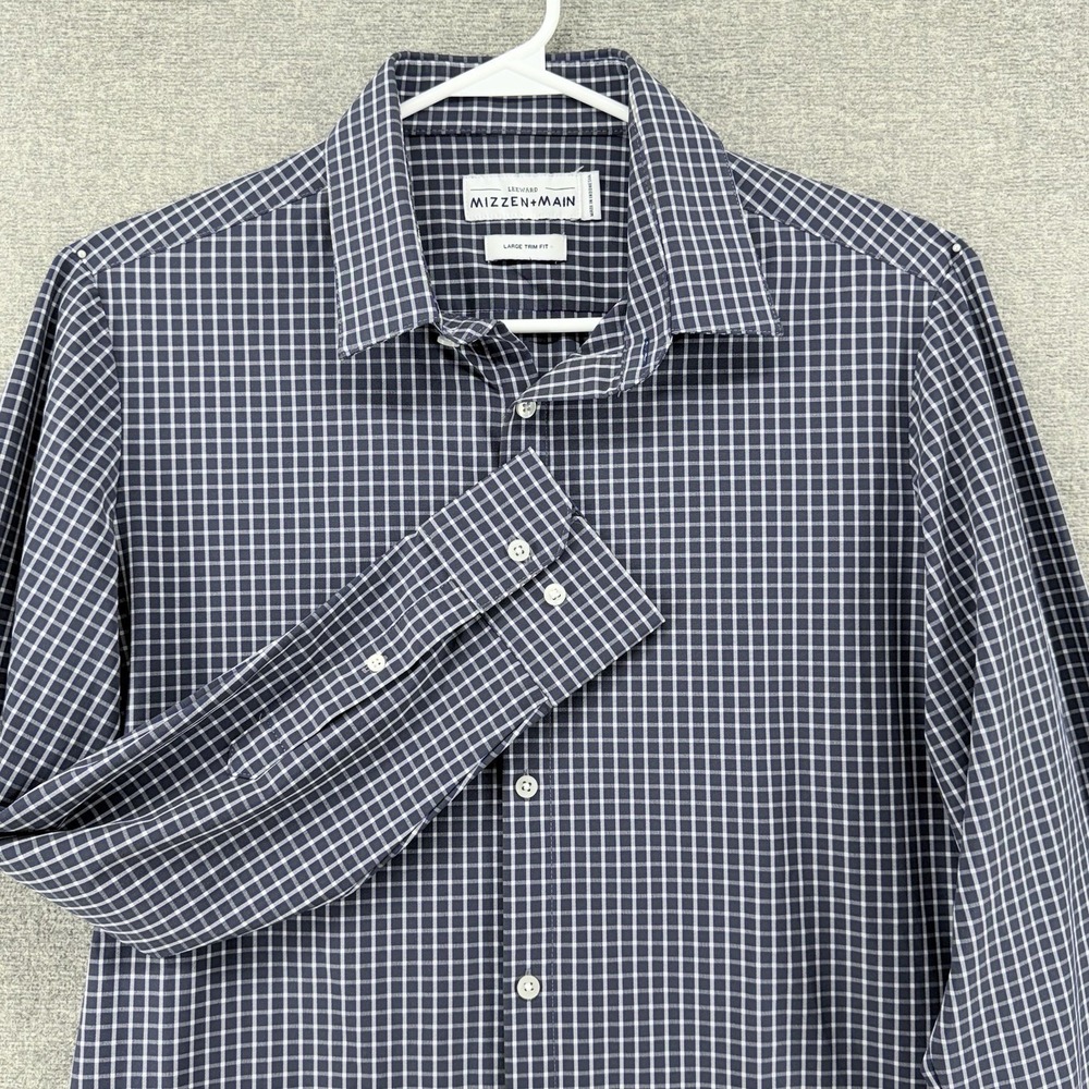 Mizzen + Main Leeward Trim Fit Shirt Men Size Large Blue Check Long Sleeve